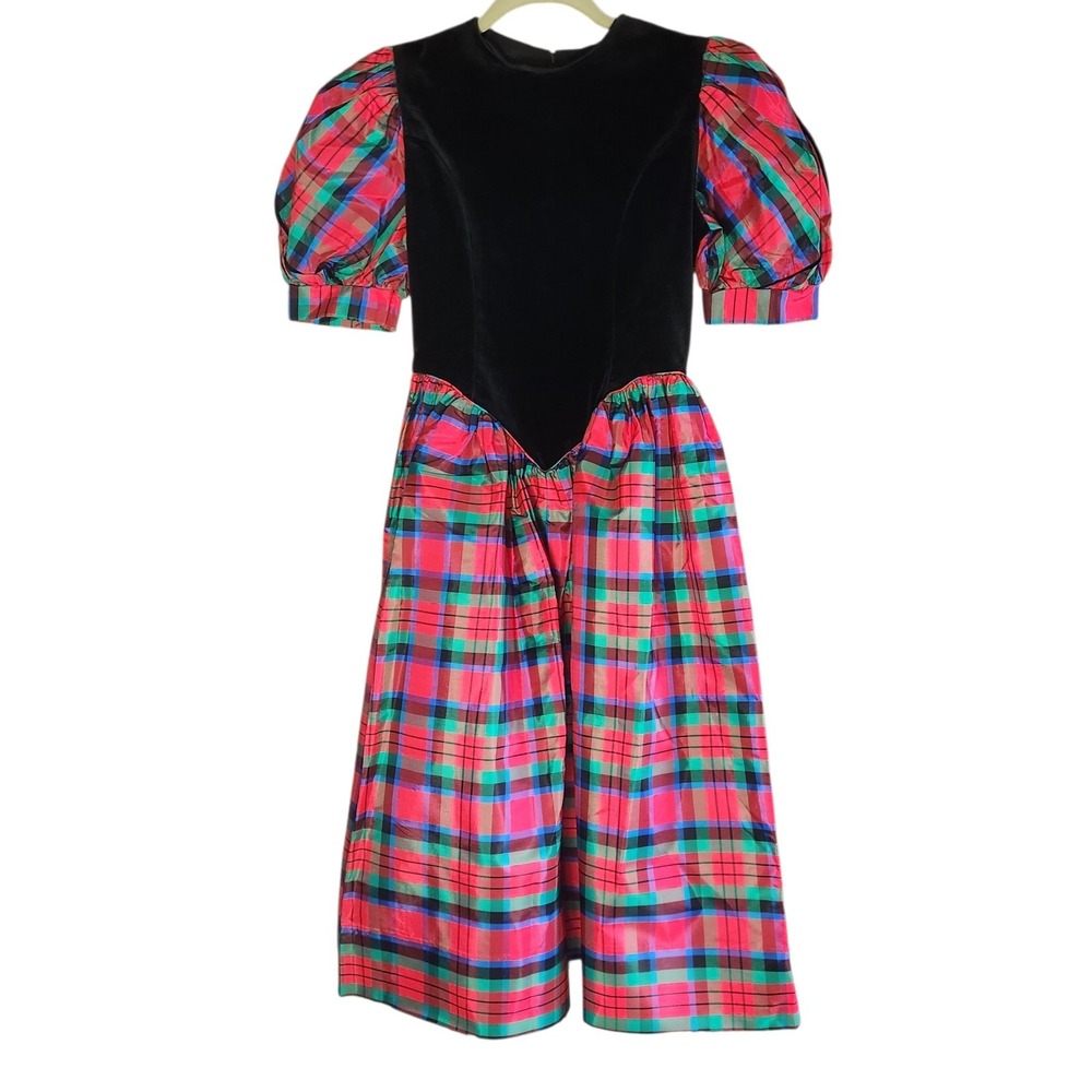 Vintage 90s Jan‎ Briggs Girls Holiday Dress Plaid Velvet Size 10 Christmas USA